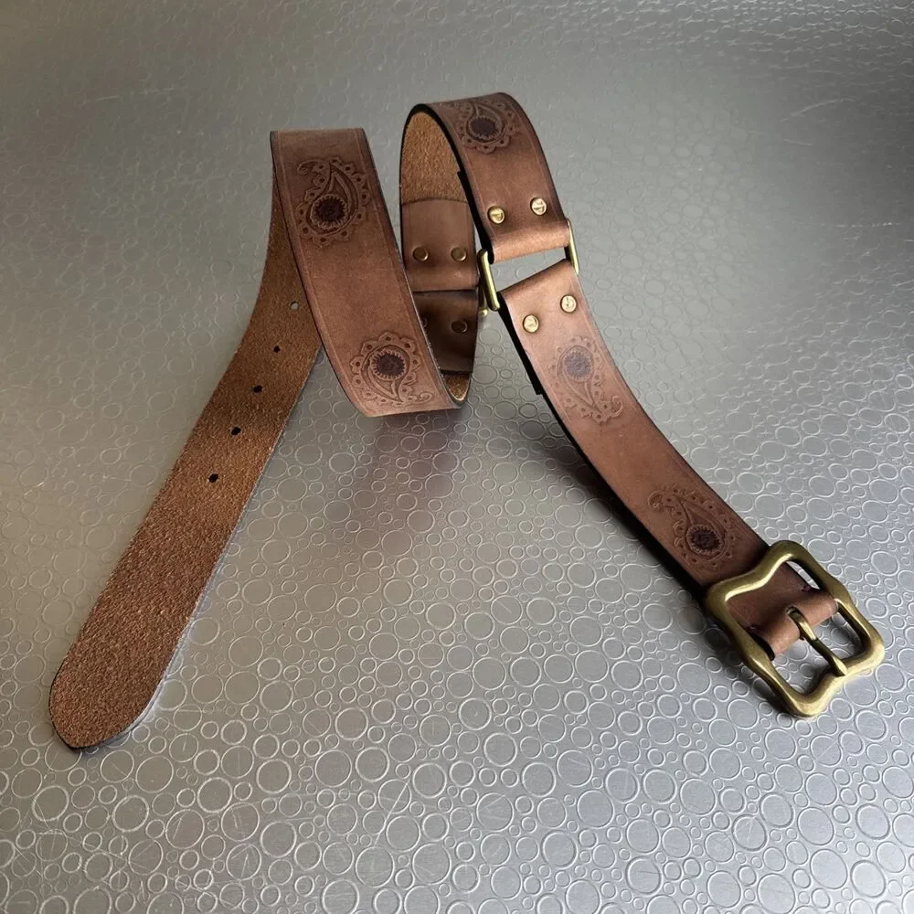 Lucky Brand Vintage Paisley Tooled Belt S Brown Leather Boho Western Cowgirl